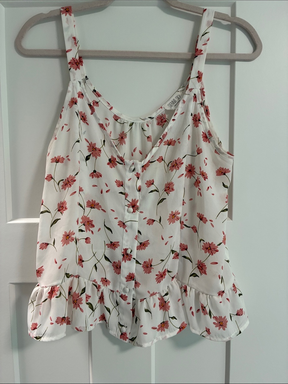 Floral Ruffle Hem White Tank Top